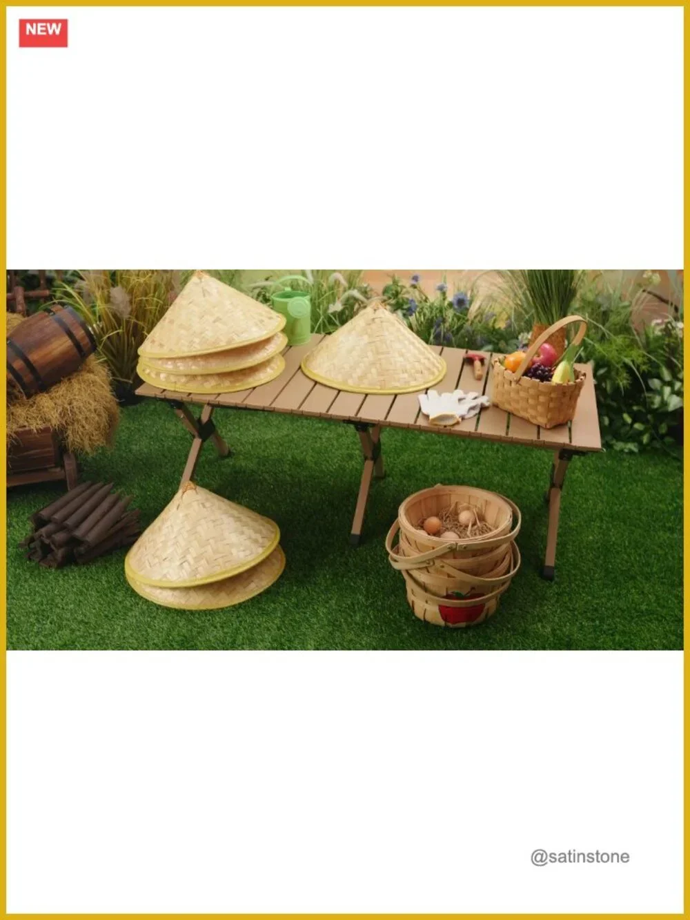 6 Pack Traditional Bamboo Conical Sun Hats with Chin Strap for Outdoor